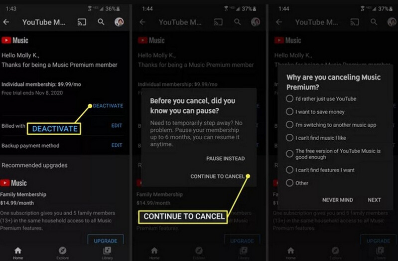 cancel youtube music premium android