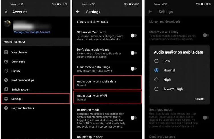 change youtube music sound quality