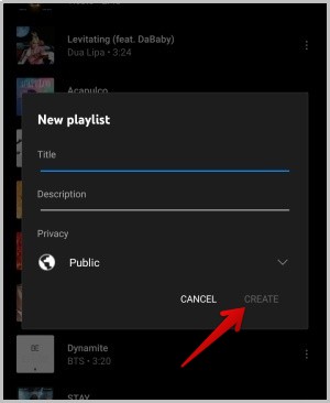create music playlist on youtube music mobile app