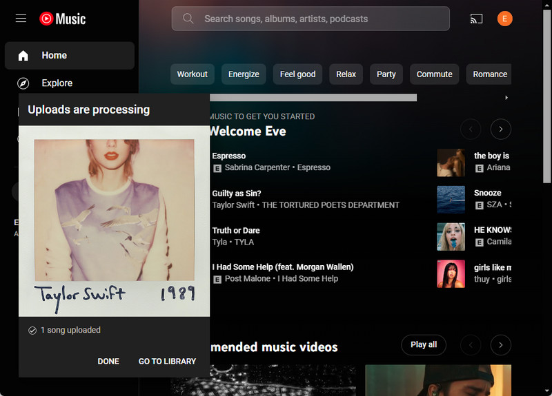 finish uploading spotify music to youtube music