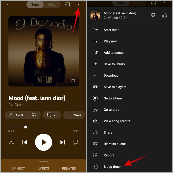 set sleep timer in youtube music on android
