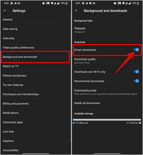 smart downloads option on youtube music