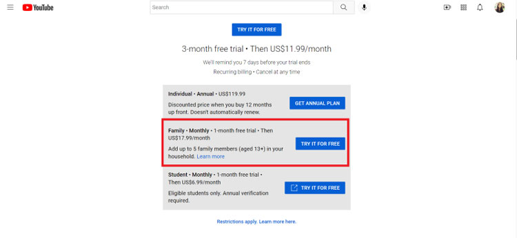 youtube family monthly plan desktop