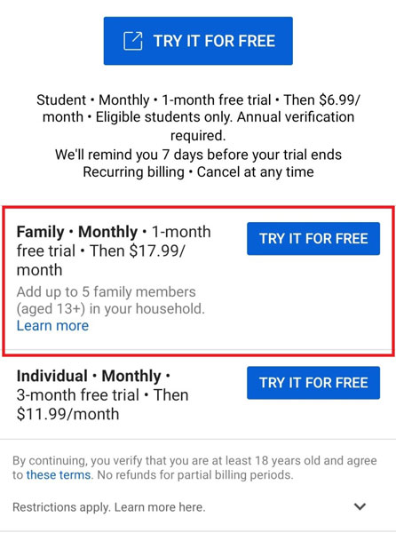 youtube family plan free trial on android