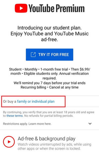 youtube family plan on android