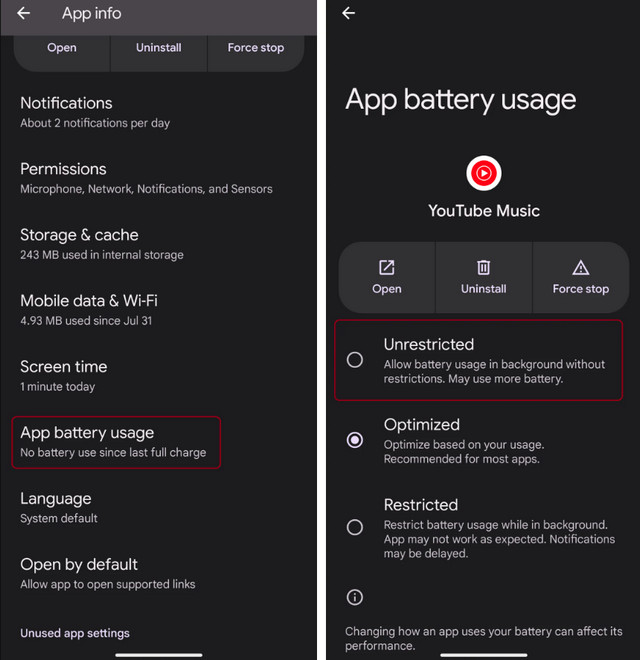 youtube music battery settings