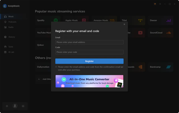 Register KeepMusic All-In-One Music Converter