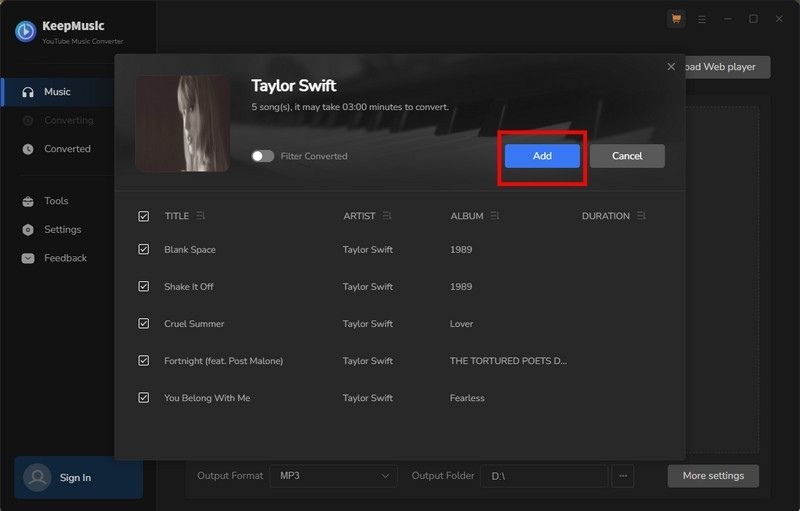 add youtube music to convert