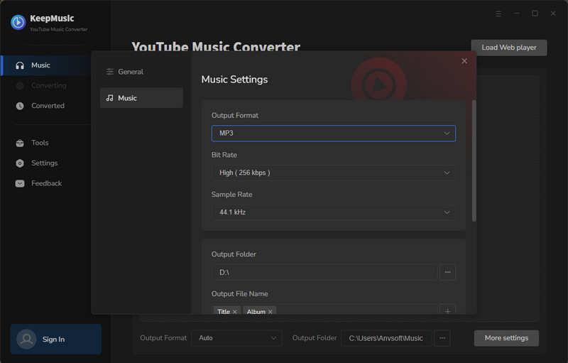 customize youtube music output settings